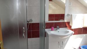 a small bathroom with a sink and a shower at Apartman Vilo in Veľký Meder