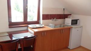 a small kitchen with a sink and a microwave at Apartman Vilo in Veľký Meder +8 photos