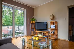 uma sala de estar com uma televisão e uma mesa de vidro em Apartament Natalia em Żywiec