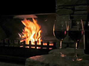 特卡波湖的住宿－Lake Lodge - Lake Tekapo，壁炉前的两杯红葡萄酒