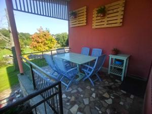 a patio with a table and chairs on a balcony at GARDEN ROOMS in Castro-Urdiales