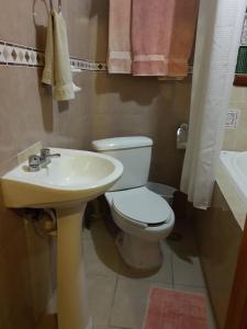 a bathroom with a toilet and a sink at Hotel Posada Spa Antigua Casa Hogar in Taxco de Alarcón