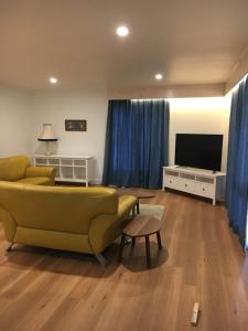 a living room with a yellow couch and a television at Twodogfolly at Creeklands in Armidale