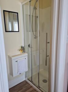 a bathroom with a shower and a sink at The Heart of Hastings in Hastings