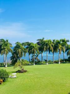 a park with palm trees and the ocean in the background at Seacastle Deluxe Studio in Montego Bay