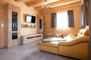 een woonkamer met een bank en een televisie bij Koralpe holiday home with its own wellness area in Elsenbrunn