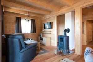 een woonkamer met een houtkachel in een hut bij Holiday village Koralpe St- Stefan im Lavanttal - OKT07003-FYD in Elsenbrunn