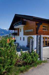 ein Gebäude mit einem Weihnachtsbaum davor in der Unterkunft Nebelhorn Relaxhotel in Obermaiselstein