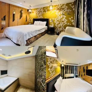 duas fotografias de um quarto de hotel com duas camas em Formosa Motel & Inn em Changhua