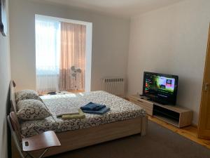 une chambre avec un lit, une télévision et une fenêtre dans l'établissement Квартира в центрі в новобудові Набережний квартал, à Rivne