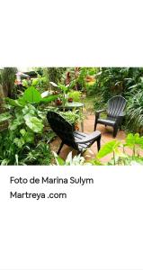 two black chairs sitting in a garden with plants at Jardín de Naipí 3 in Puerto Iguazú