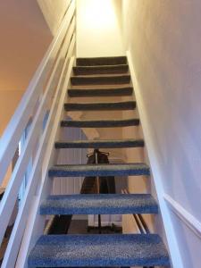 a person walking down a staircase with blue steps at Chester Le Street Amythyst 3 Bedroom House in Chester-le-Street