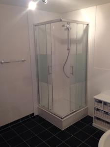 a shower with a glass door in a bathroom at Gästehaus Werns in Hammersbach