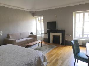 a bedroom with a bed and a couch and a fireplace at Clos Terre-lune in Nuits-Saint-Georges