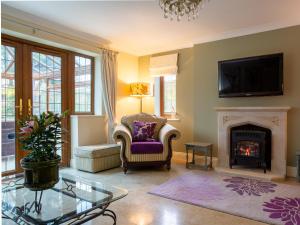 a living room with a fireplace and a tv at Kingfisher Cottage in Winchcombe