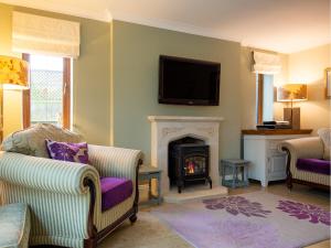 ein Wohnzimmer mit einem Kamin und einem TV an der Wand in der Unterkunft Kingfisher Cottage in Winchcombe