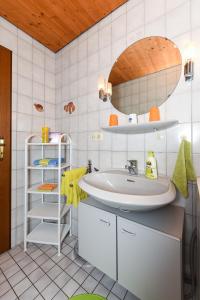 a bathroom with a sink and a mirror at Ferienwohnung auf dem Ferienhof „Zur alten Linde“ in Holtgast