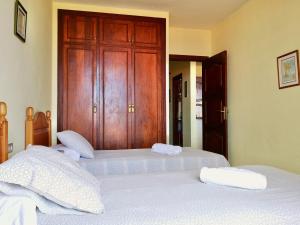 プエルト・デ・ラ・クルスにあるCozy apartment in old quarter of Puerto de la Cruzの木製ドア付きのベッドルームにツインベッド2台が備わります。