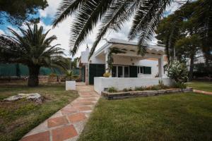 une maison blanche avec un palmier dans la cour dans l'établissement La Mandioca, à Calafat
