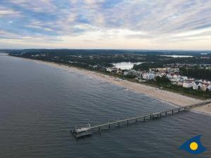 een luchtfoto van een strand met een pier bij Villa Vineta Whg 11 in Bansin