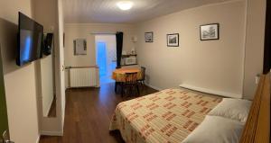 Un dormitorio con una cama, una mesa y un televisor. en Résidence Richelieu, en Barèges