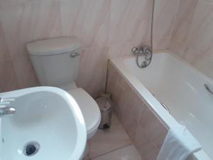 a bathroom with a toilet and a tub and a sink at Ramatie Guest Palace in Kasane