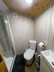 Bathroom sa Oakley View Shepherds Hut with hot tub