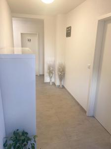 a hallway with two vases with flowers in it at Ferienwohnungen Löwe in Kämpfelbach