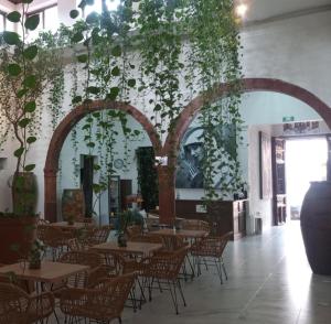 un ristorante vuoto con tavoli, sedie e piante di Vía Real Hotel Boutique a Atotonilco el Alto