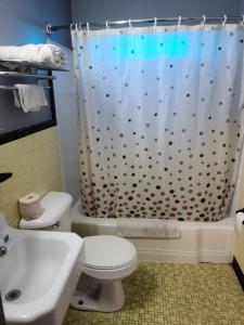 uma casa de banho com um WC e uma cortina de chuveiro em Etown Motel em Elizabethtown