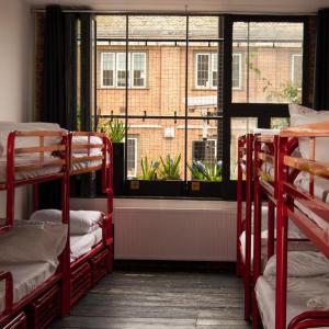 a room with three bunk beds and a window at The Dictionary Hostel, Shoreditch, London in London