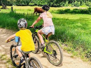 twee kinderen die fietsen op een onverharde weg met een koe bij 5 person holiday home in RONNEBY in Ronneby