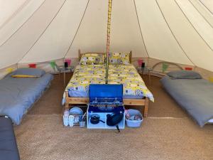 a tent with two beds and a laptop in it at Dyfi Dens Machynlleth in Esgair-geiliog