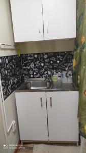 a kitchen with a sink and a black and white wall at Апартаменты на Пушкина, 13 in Perm