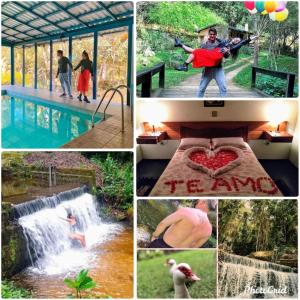 a collage of photos of people standing in a waterfall at Pousada Moinho Azul in Teresópolis