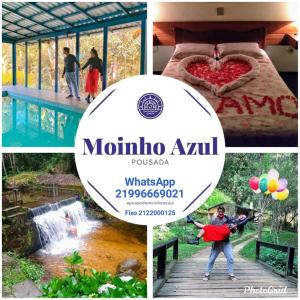 eine Collage mit Bildern eines Resorts mit einem Bett und einem Wasserfall in der Unterkunft Pousada Moinho Azul in Teresópolis