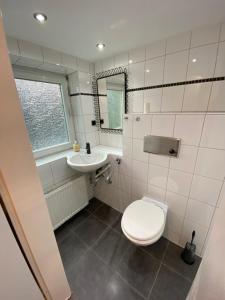 a bathroom with a toilet and a sink at Wohnen direkt an der Rheinpromenade mit Whirlpool und Sauna in Götterswickerhamm +7 photos