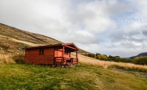 a wooden cabin in a field with a hill at Stóra-Vatnshorn in Búðardalur