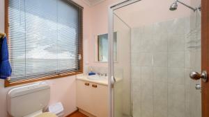 a bathroom with a shower and a toilet and a sink at Currawong Lodge in Dinner Plain +26 photos