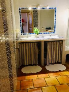 uma casa de banho com 2 lavatórios e um espelho grande em Rez de jardin de chalet bois , calme et verdure ! em Saint-Martin-Vésubie