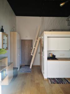 a room with a kitchen with a bunk bed at Botanical Garden Studio in Kaunas