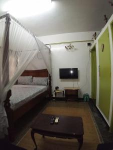 a living room with a bed and a tv at SAFI Apartment in Mombasa