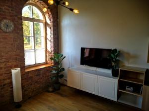 sala de estar con TV de pantalla plana en la pared en Botanical Garden Studio en Kaunas