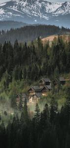een groep huizen op een heuvel met een berg bij Szlachta Cottage in Boekovel