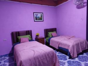 2 bedden in een kamer met paarse muren bij ไร่ภูจำปา in Khao Kho