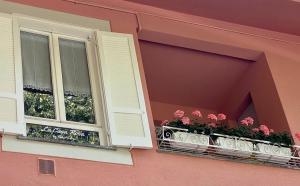 dwa okna w różowym budynku z kwiatami w obiekcie La Casa Rosa by Roby&Silvy w mieście Bellano