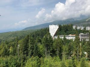 a building in the middle of a forest of trees at Apartman Panorama 805 in Štrbské Pleso