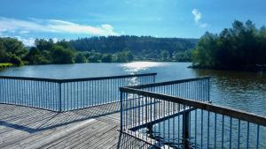 a view of a lake from a wooden deck at Ferienhaus Bayerwald am Erlauzwieseler See in Waldkirchen