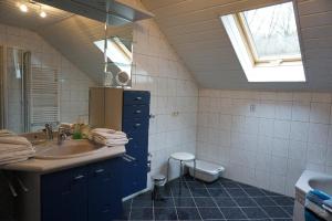 een badkamer met een wastafel, een toilet en een raam bij Ferienwohnung Pietzavka in Wiesenfelden