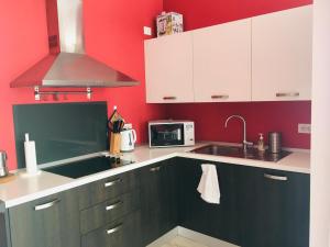a kitchen with a sink and a red wall at Ostello La Sosta in Contrada Anselmi